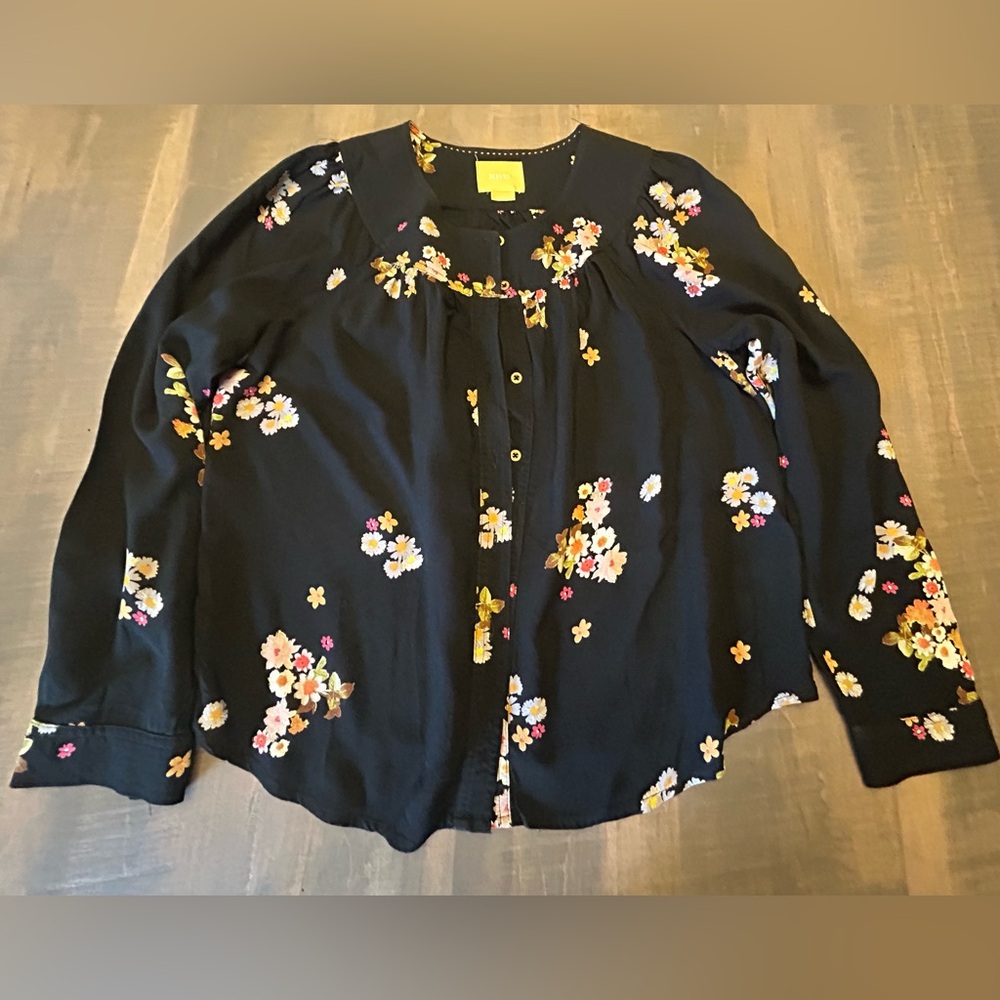 Anthropologie Maeve Floral Black Button-Up Blouse